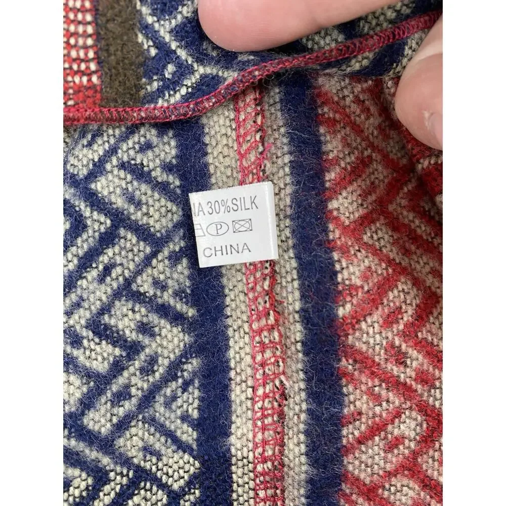 Red & Navy Infinity Scarf Pashmina Silk Blend Jacquard Woven Knit Nordic Tribal